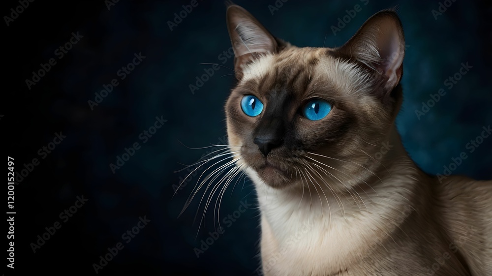 A studio shot of a regal Siamese cat with a dark background, emphasizing its piercing blue eyes. A studio shot of a regal Siamese cat with a dark background, emphasizing its piercing blue eyes.