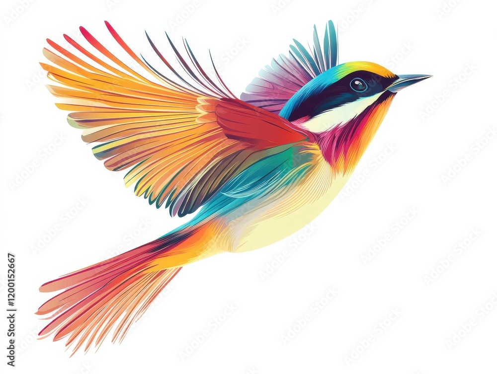 Obraz premium A vibrant illustration of a tropical bird with intricate feather details, perched mid-air in an energetic pose, clear white background emphasizing the subject's vivid colors and contours