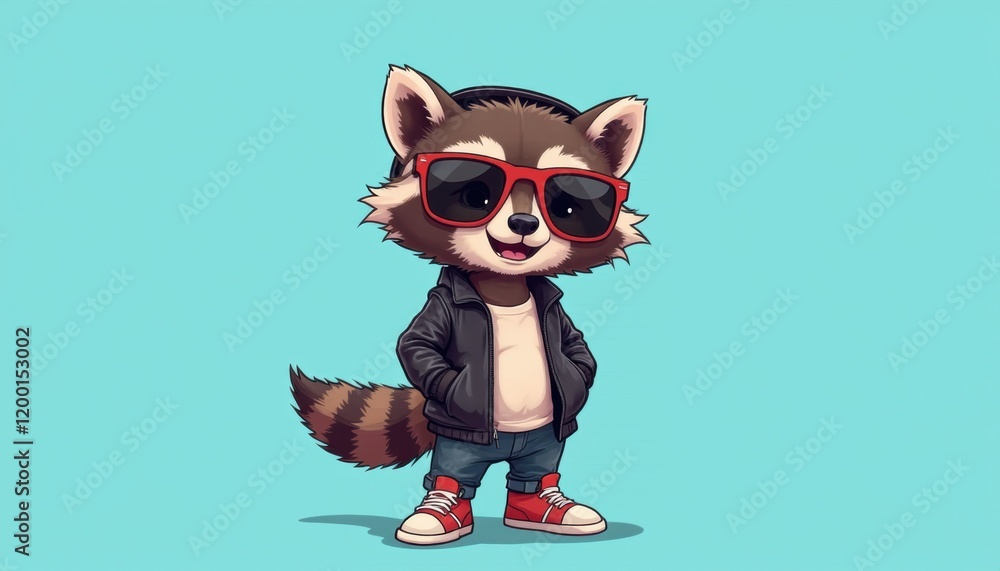 Fototapeta premium Whimsical cartoon-style raccoon in sunglasses and headphones, cheerful and playful, dressed in a leather jacket and sneakers, against a solid pastel blue background