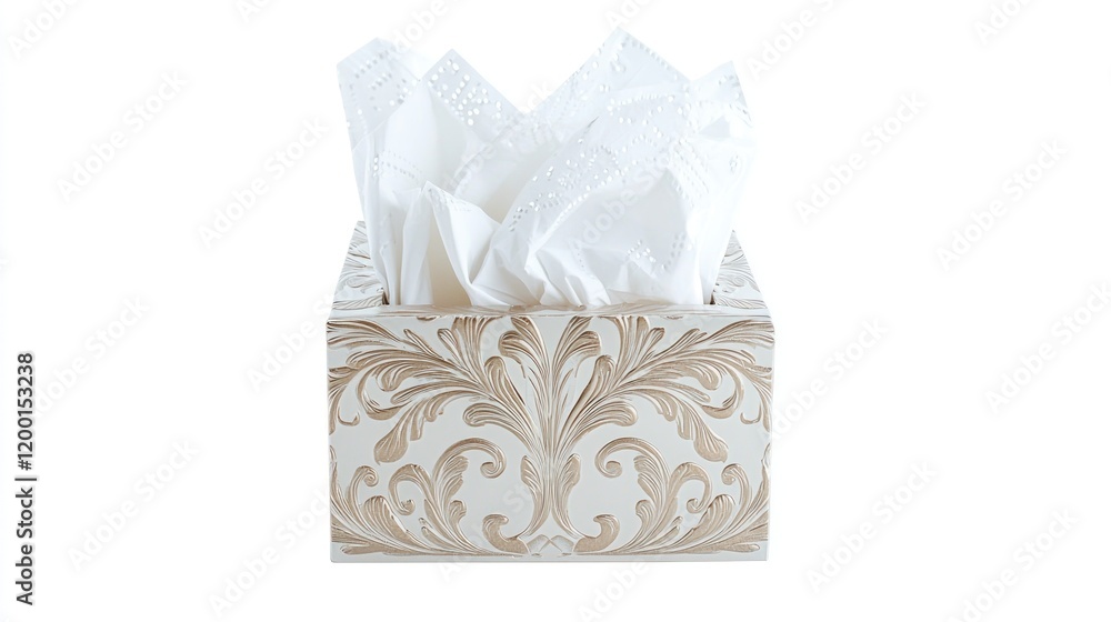 Elegant tissue box, white tissues, ornate design, studio shot, home decor Elegant tissue box, white tissues, ornate design, studio shot, home decor
