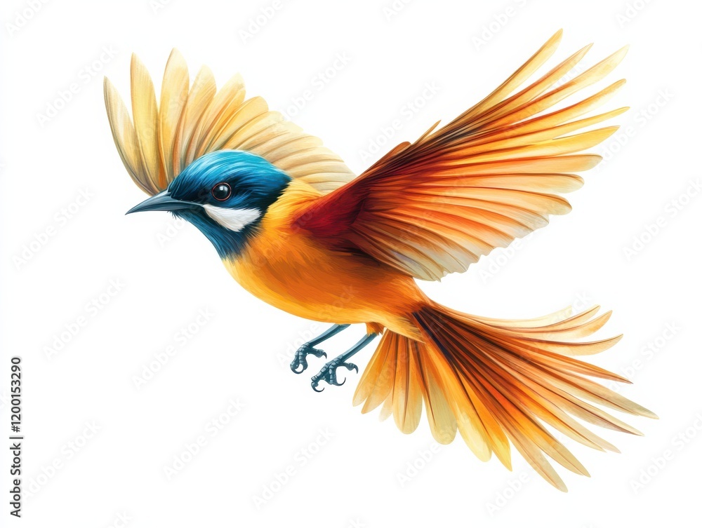 Obraz premium A vibrant illustration of a tropical bird with intricate feather details, perched mid-air in an energetic pose, clear white background emphasizing the subject's vivid colors and contours