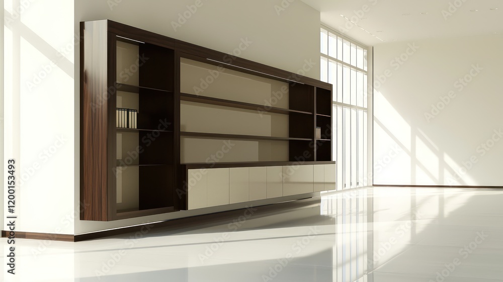 A contemporary office wall unit in soft beige and dark oak with integrated storage and display shelves A contemporary office wall unit in soft beige and dark oak with integrated storage and display shelves