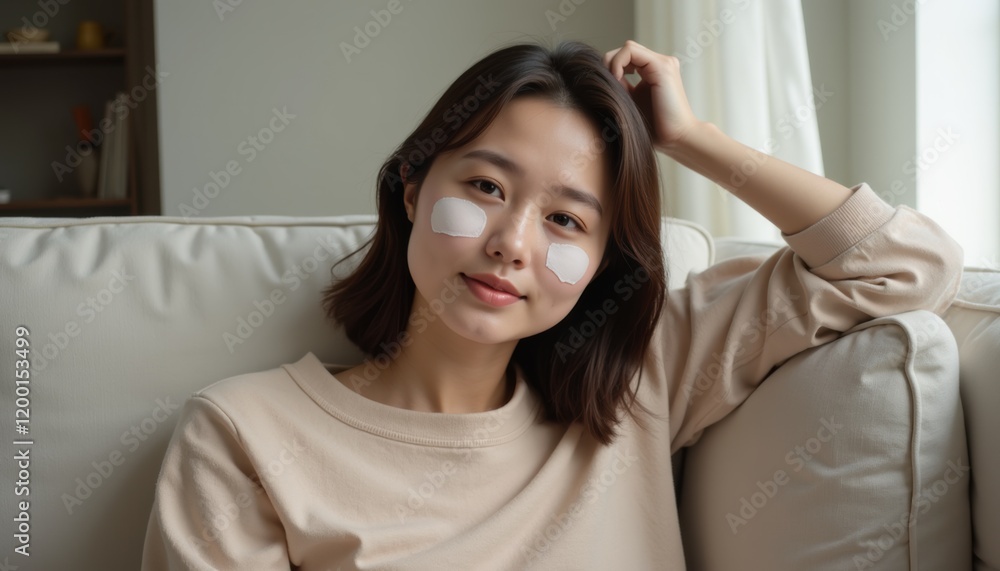 Woman relaxing with under-eye patches in neutral-toned room Woman relaxing with under-eye patches in neutral-toned room