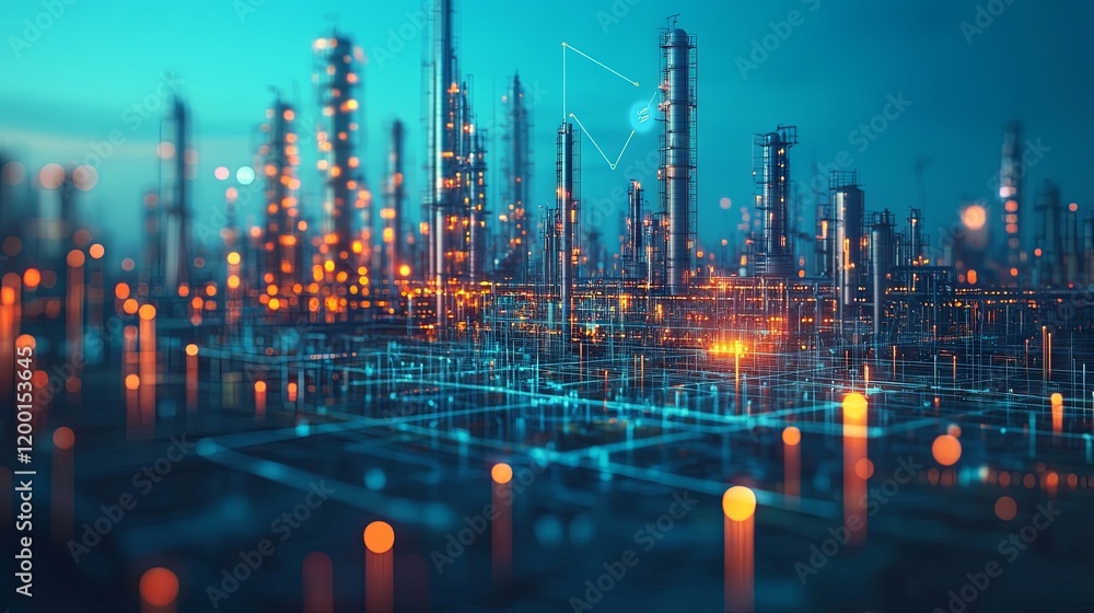 A wide banner showcasing the petrochemical industry and oil and gas energy sector, highlighting rising price charts, increased crude oil production, and commodity trading and investment statistics.