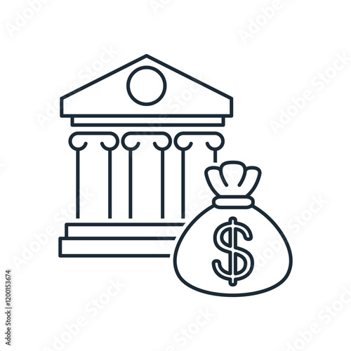  Bank and a bag of money. Financial program.Vector illustration icon isolated on white background.