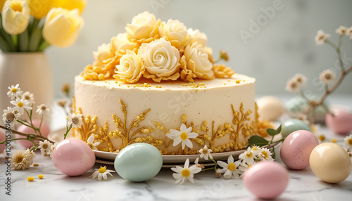 Festive Easter cake decorated with caramel roses and eggs on a marble surface with spring flowers