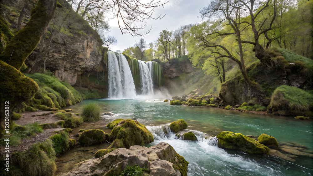 Fototapeta premium Scenic Waterfall in Lush Green Forest