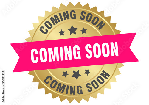 coming soon. coming soon round pink and gold label isolated on transparent background
