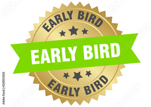 early bird. early bird round green and gold label isolated on transparent background