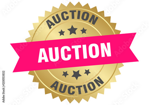 auction. auction round pink and gold label isolated on transparent background
