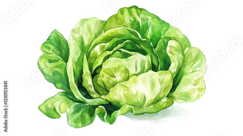 watercolor illustration of one single green lettuce isolated on white background