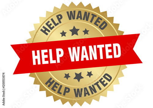 help wanted. help wanted round red and gold label isolated on transparent background