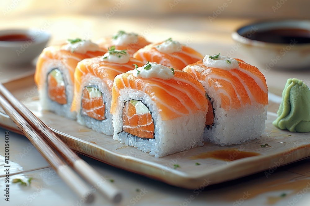 Indulge in luxurious sushi rolls with salmon and cream cheese on a stylish plate Indulge in luxurious sushi rolls with salmon and cream cheese on a stylish plate