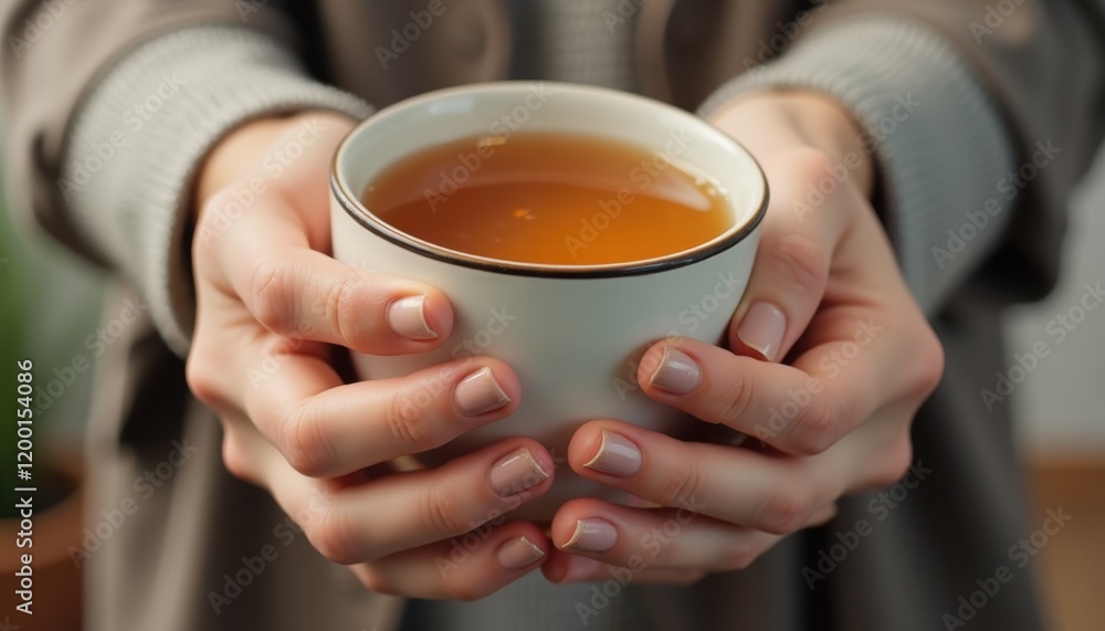 a cup of steamed tea in his hands a cup of steamed tea in his hands
