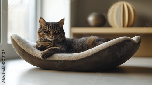 Relaxed Tricolor Cat Lounging on Modern Cat Bed in Sunlit Room photo