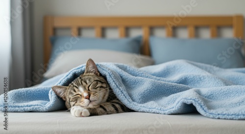 Tabby cat sleeping peacefully under blue blanket on bed