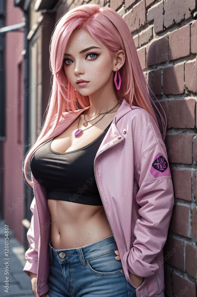 Fototapeta premium Trendy Girl with Pink Hair Against Brick Wall