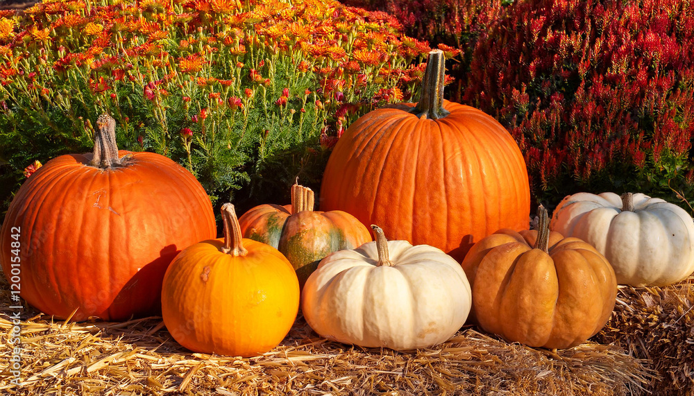 array of colourful pumpkins on straw with autumn flora in background array of colourful pumpkins on straw with autumn flora in background