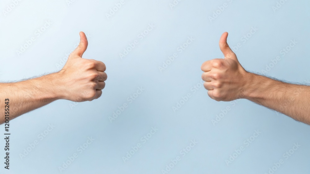 Two Hands Giving Thumbs Up Gesture on Blue Background to Express Agreement or Approval in a Positive Setting Two Hands Giving Thumbs Up Gesture on Blue Background to Express Agreement or Approval in a Positive Setting