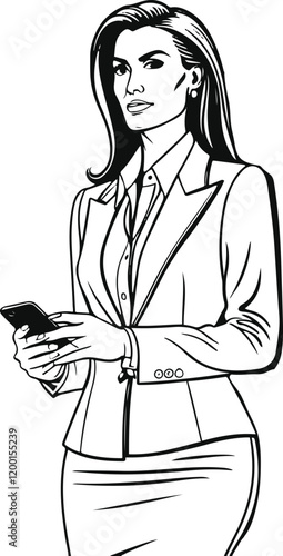 only line art in a bold line of a successful businesswoman in business clothes using a Phone with no color background 8.eps