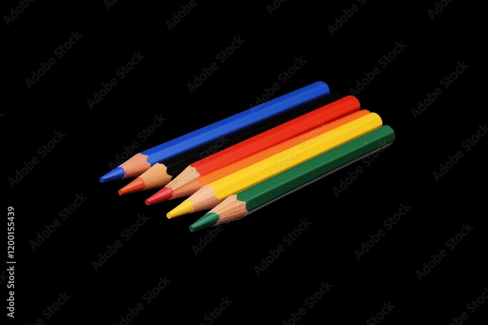 Fototapeta premium Colorful colored pencils on a black background, top view A black and rainbow color design for a school or art studio advertisement Generative AI