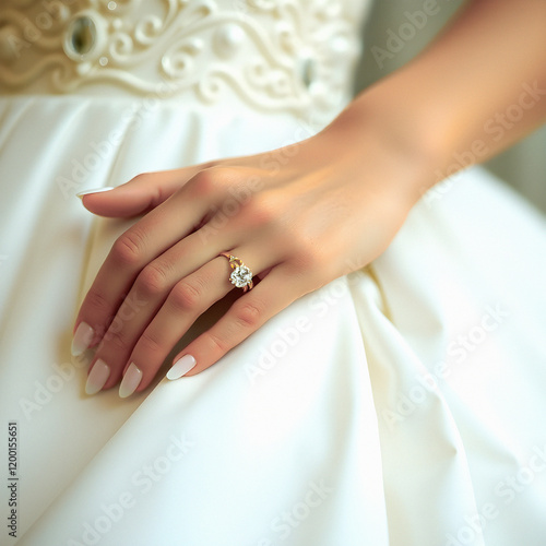 Close view of the manicured hand and fingernails of a bride in white wedding dress with a delicate ring on her ring finger