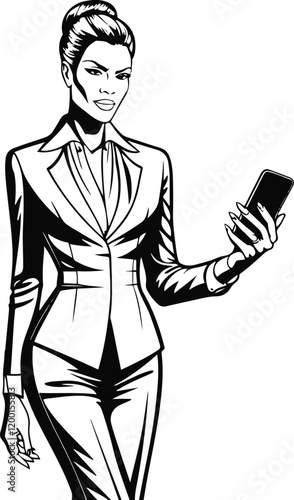 only line art in a bold line of a successful businesswoman in business clothes using a Phone with no color background 21.eps