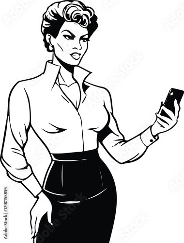only line art in a bold line of a successful businesswoman in business clothes using a Phone with no color background.eps