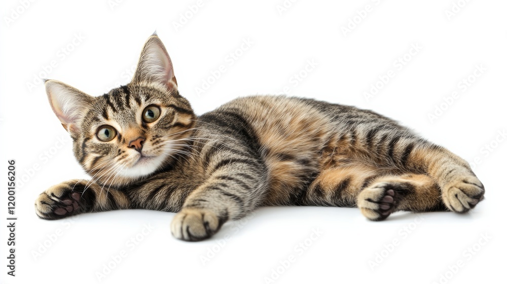 Obraz premium A relaxed cat lounging with its paws stretched forward, isolated on white,