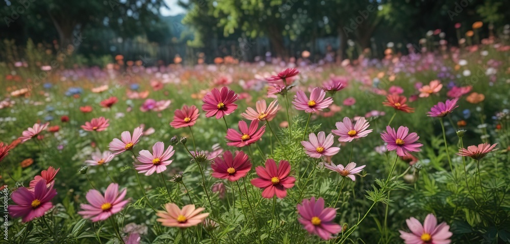 Vibrant Cosmos flower blossom in a garden with lush greenery and vibrant foliage , nature beauty, spring blooms Vibrant Cosmos flower blossom in a garden with lush greenery and vibrant foliage , nature beauty, spring blooms