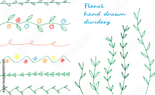 Set hand-drawn floral branches colorful ink ready for creative projects Natural elegant elements Set hand drawn dividing Silhouette brush strokes isolated on white background Leaves flowers dividers