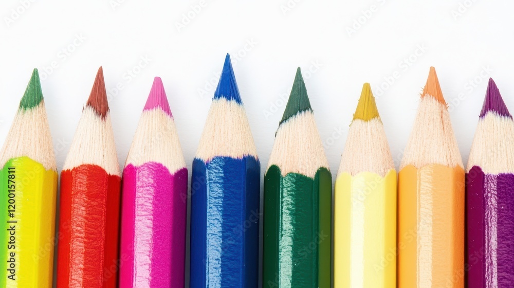 Vibrant colored pencils arranged in a row showcasing an array of vivid hues in studio light Vibrant colored pencils arranged in a row showcasing an array of vivid hues in studio light