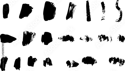Set of Grunge Design Elements Black blots Vector illustration Black spots of paint isolated on white background Ink splashes stencil Blotter spots, liquid paint drip drop splash Brush collection