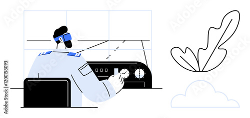 Pilot controlling aircraft, monitoring radar. Background includes a plant and cloud. Ideal for aviation, technology, control, communication, safety nature integration futuristic concepts. Abstract