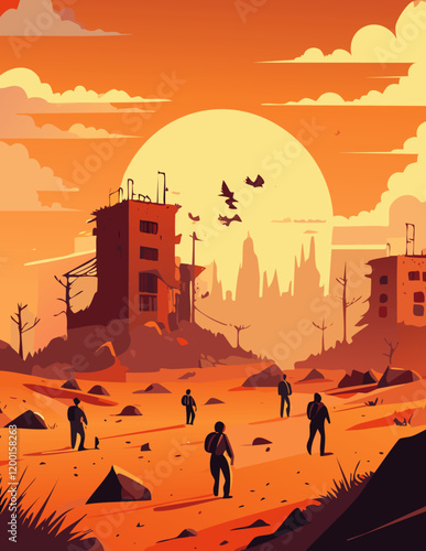 Post-apocalyptic wasteland with crumbling buildings and scavenging survivors