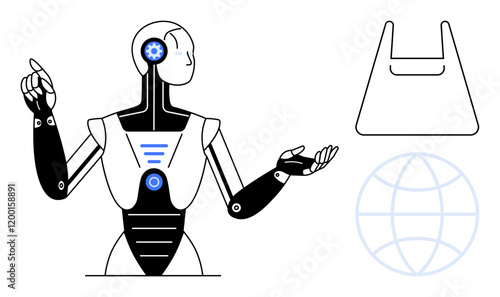 Robot interacting with transparent plastic bag icon and blue-outlined globe. Ideal for technology, AI, robotics, environmental consciousness, sustainability, innovation, global impact. Abstract line