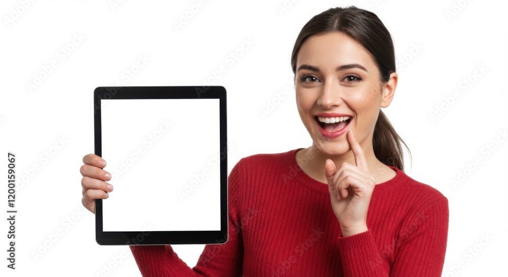 A content woman with a tablet, the white screen directed toward the frame. A content woman with a tablet, the white screen directed toward the frame.