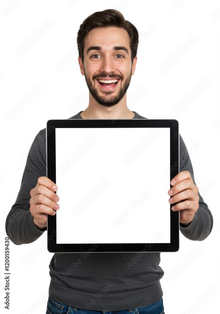 A happy man holding a tablet with the screen visible in the frame. The screen is white. A happy man holding a tablet with the screen visible in the frame. The screen is white.