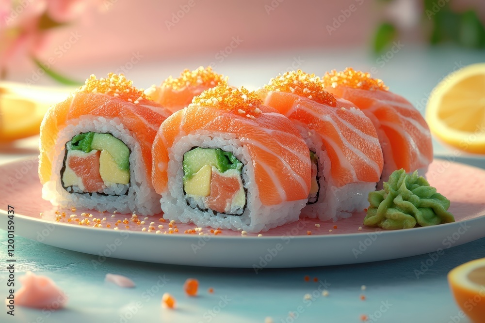 Colorful sushi plate featuring salmon and avocado rolls with sashimi
