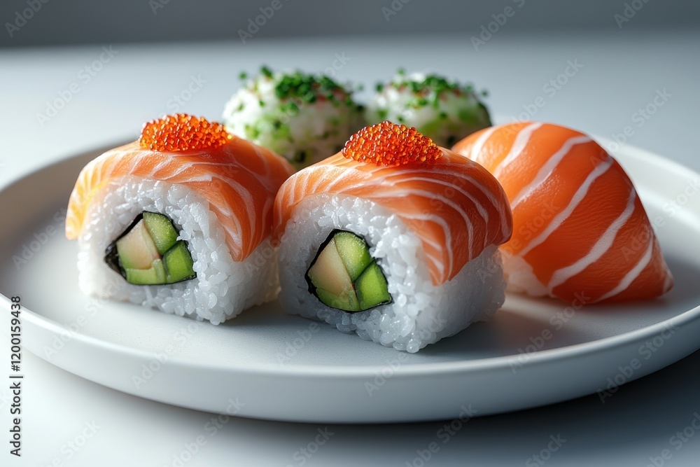 Delicious sushi plate featuring colorful rolls and fresh sashimi with avocado Delicious sushi plate featuring colorful rolls and fresh sashimi with avocado