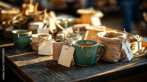 A table displaying vintage mugs, jute-wrapped containers, and small plants with price tags, illuminated by warm sunlight at a rummage sale photo