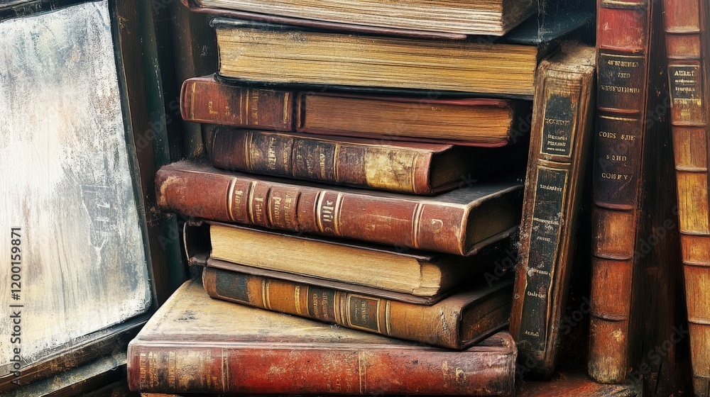A Stack of Old Books in Rich Brown Tones by the Window A Stack of Old Books in Rich Brown Tones by the Window