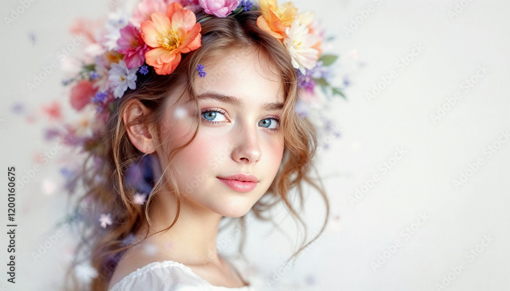 Naklejka premium Young girl with floral crown showcases natural beauty in bright, soft setting
