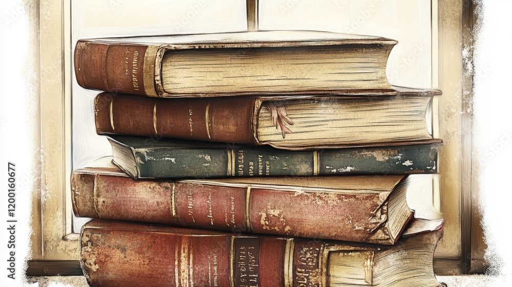 A Stack of Old Books in Warm Tones by the Window A Stack of Old Books in Warm Tones by the Window
