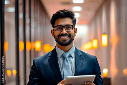 Confident Indian business man leader looking aside walking in office. Busy professional businessman going in hallway holding digital tablet thinking of work plan using tab computer. Authentic photo