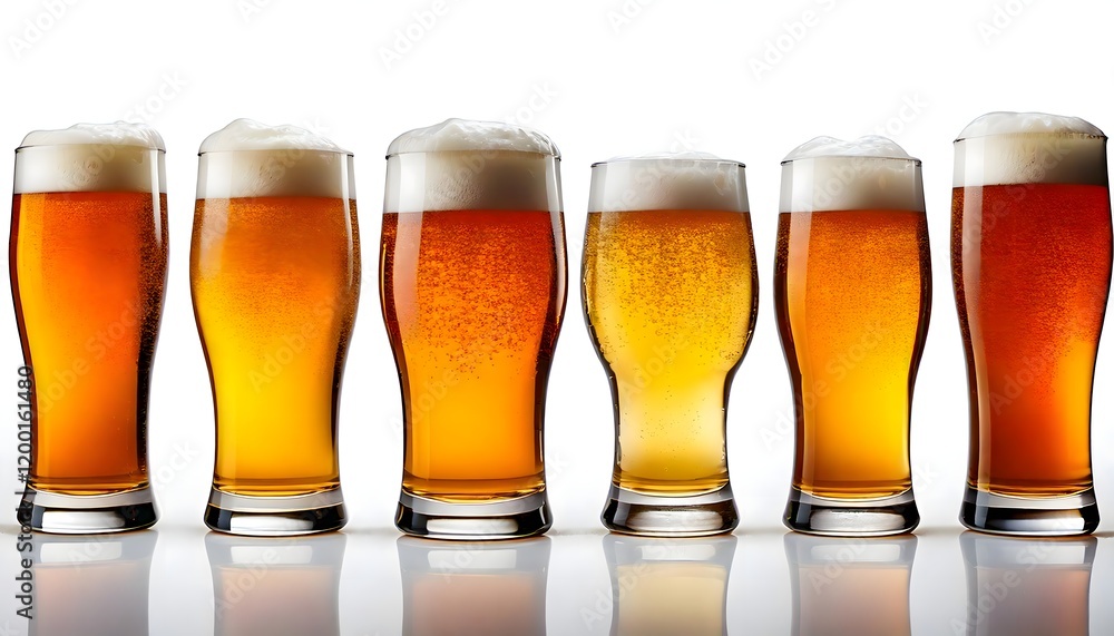 Foamy Beer in Clear Glasses Reflecting on a White Surface Foamy Beer in Clear Glasses Reflecting on a White Surface