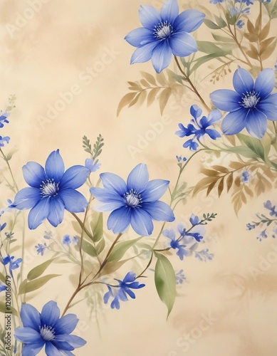 Wallpaper Mural Watercolor painting of delicate blue spring flowers on a warm beige backdrop, pastel, nature Torontodigital.ca