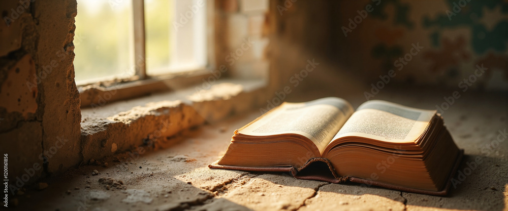 Obraz premium A weathered book resting on an aged surface illuminated by soft sunlight, evoking a sense of quiet contemplation and nostalgia in a rustic setting