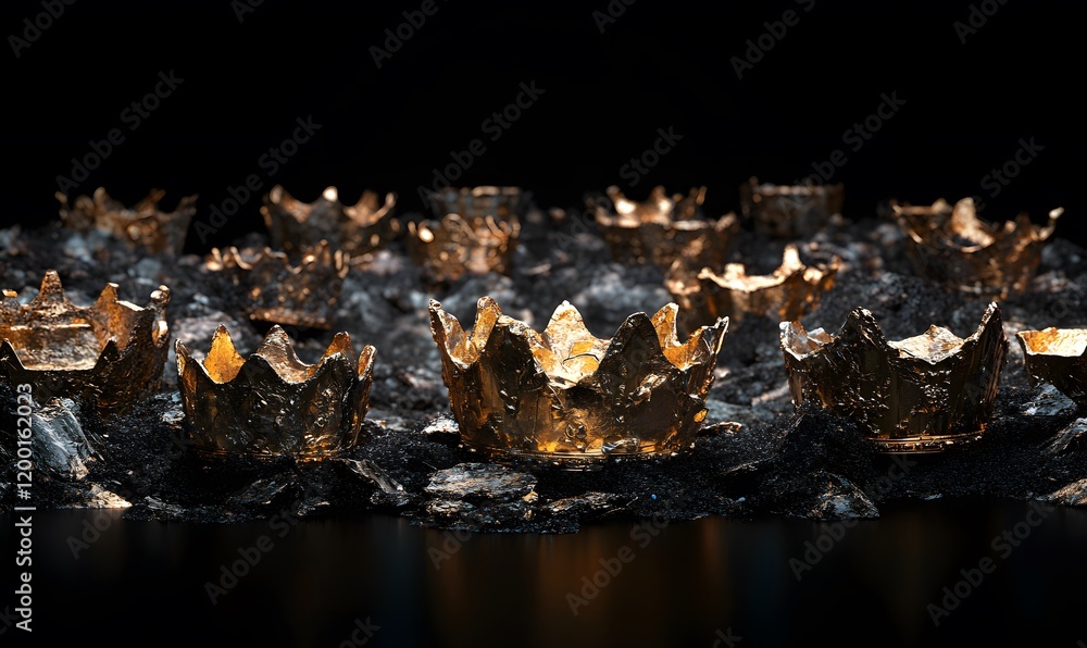 Gold Crown Shattered into Pieces with Dramatic Shadows on a Black Canvas Gold Crown Shattered into Pieces with Dramatic Shadows on a Black Canvas