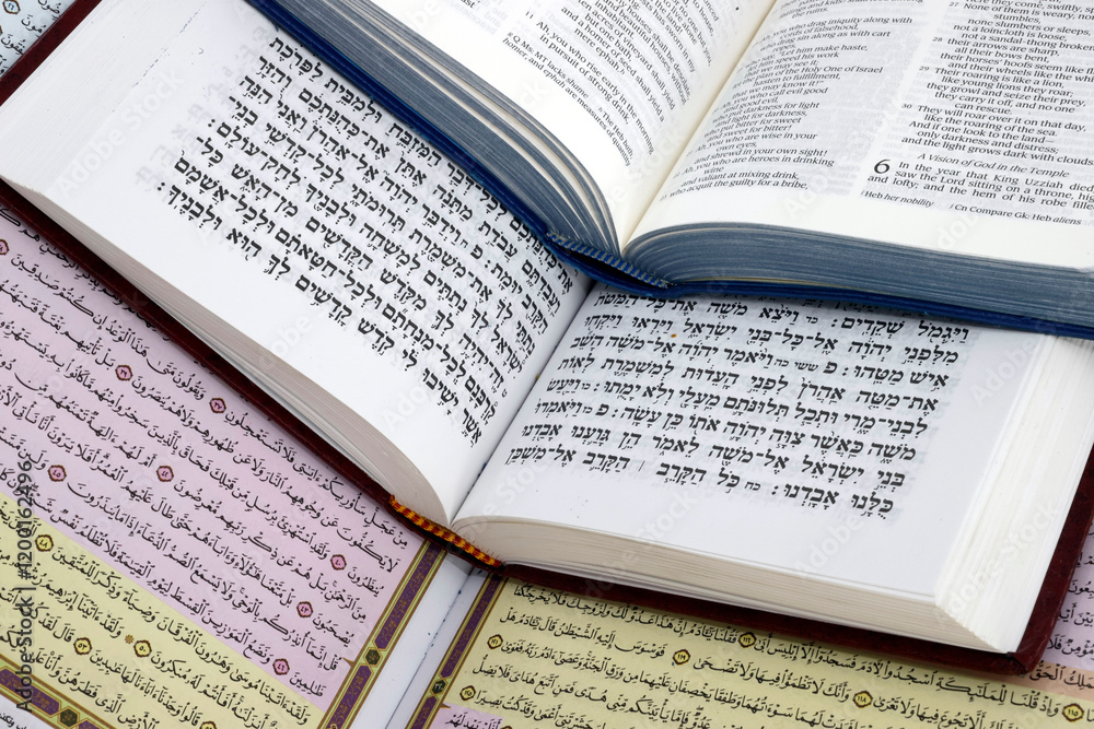 Christianity, Islam and Judaism. Bible, Quran and Torah. Interfaith or interreligious religious symbols. Faith and spirituality concept. Christianity, Islam and Judaism. Bible, Quran and Torah. Interfaith or interreligious religious symbols. Faith and spirituality concept.